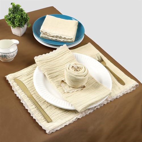 FINGERCRAFT Lace Cloth Napkins, Cotton Gauze, Set of 4, 20x20 Inch,Beige - color: Beige Gauze, size: 20" x 20" (Set of 4)