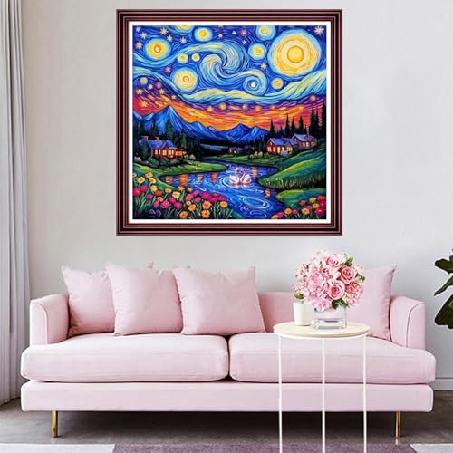Funchey Counted Cross Stitch Kits for Adults Needlepoint Kits Unprinted Cross Stitching Embroidery Kit 11CT Cross Stitch Supplies-Star River Home Scenery 18x18 inch - color: ArtsKit02