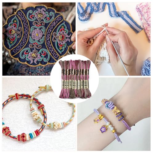 6 Strands Cross Stitch Threads Embroidery Floss Thread Bulk Purple Variegated Friendship Bracelet String Polyester Threads for Jewelry Making Sewing Cross Stitch Craft Knitting DIY Supplies - color: Purple,red