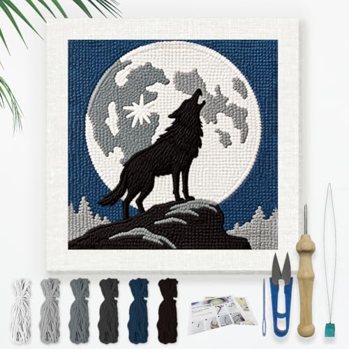 Doodlream Howling Wolf Needle Kit for Beginner, 9.4"x 9.4" Full Moon Night Punch Stitching Craft Set, Color DIY Embroidery Starter with Printed Frame, Instruction, Threader, Yarn, Pinch Needle - color: Wolf
