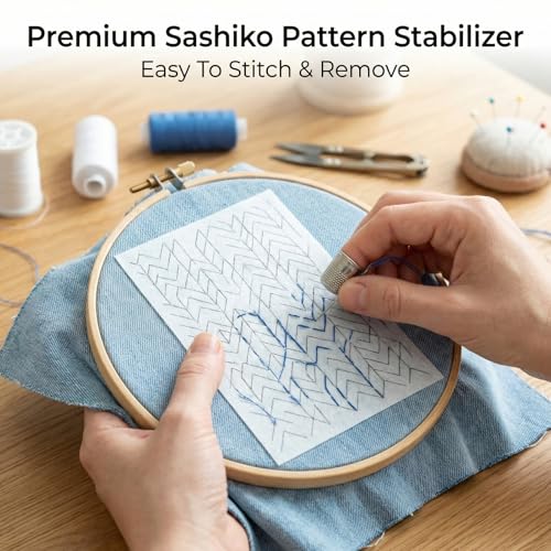 12 Sheets Pre-Printed Water Soluble Stabilizer with Sashiko Patterns, Stick and Stitch Embroidery Transfer Paper for Hand Sewing, Quilting and Embroidery
