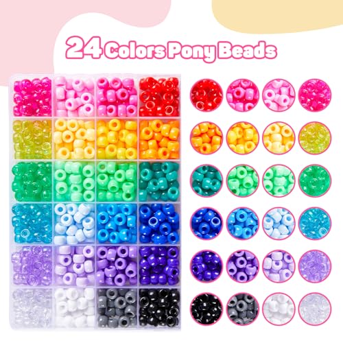 INSCRAFT 1200PCS Bracelet Making Kit, 24 Colors Pony Rainbow Kandi Beads, Friendship Bracelet Kit with Elastic Strings for Jewelry Making, Craft Gifts for Girls Adults