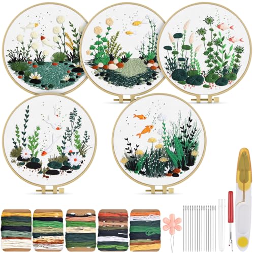TINDTOP 5 Pack Embroidery Kit for Adult, Embroidery DIY Starter Kit - color: Fish World