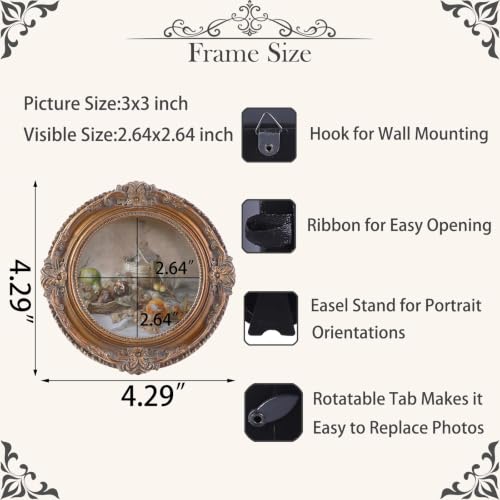 Vintage Picture Frames 3x3 Ornate Bronze Antique Pictue Frames with Real Glass Cover for Wall & Tabletop Display Victorian Home Decor Gallery Wall Decor,Round - color: Bronze, size: 3X3