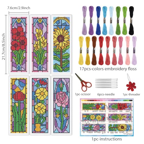INFUNLY 6PCS/Set Pixel Flowers Cross Stitch Bookmark Kit 2.99x8.54 Retro Floral Window Handmade Cross Stitch Bookmarks DIY Embroidery Bookmarks for Readers with Instruction for Starter Book Lovers - style: Pixel Flowers