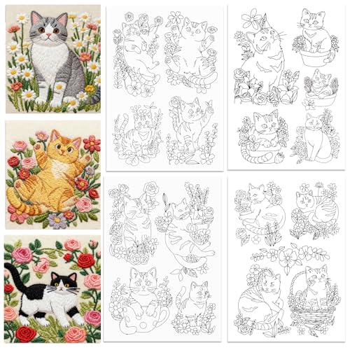 ORIGACH 4 Sheets Water Soluble Embroidery Patterns Stabilizers - Pre-Printed Cat & Flower Designs - Stick & Stitch Embroidery Paper for Hand Sewing Lovers - color: Cat & Flower
