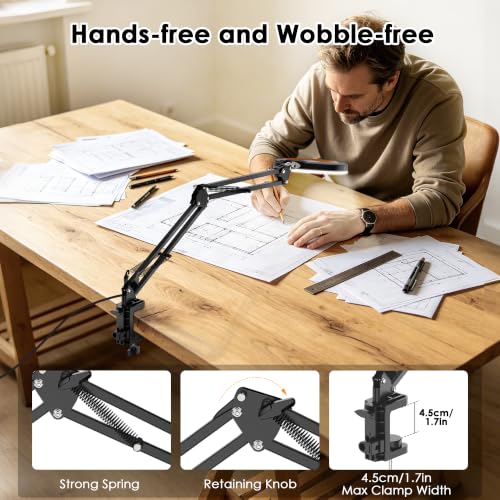 12X Magnifying Glass with Light and Stand Hands Free, Long Swing Arm Desk Magnifying Light with Clamp for Close Work, Dimmable Lighted Magnifier Lamp for Soldering Craft Jewelry Bench Sewing