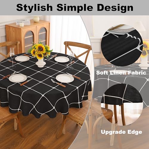 Gernaice Plaid Round Tablecloth Checkered Table Cloth 90” Black - color: Black, size: 90" (Round)