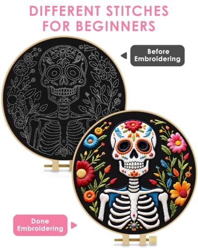 TINDTOP Embroidery Kit for Adult Beginners, Embroidery DIY Starter Kit, with Stamped Patterns, Hoop, Tools, Colorful Threads with Needles, Instructions (Skeleton C) - color: Skeleton C