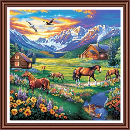 Dimensean Counted Cross Stitch Kit for Beginners, 11CT Unprinted Cross-Stitch Kit Easy Patterns Needlepoint Kit Cross Stitching Embroidery Kit Supplies-Grassland Steed 18x18 inch - color: ColornNEW03