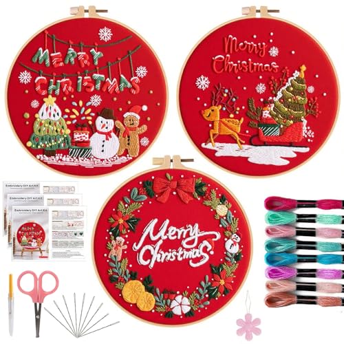 Offizon 3 Sets Embroidery Kit for Beginners Adult DIY Cross Stitches - color: Christmas Red