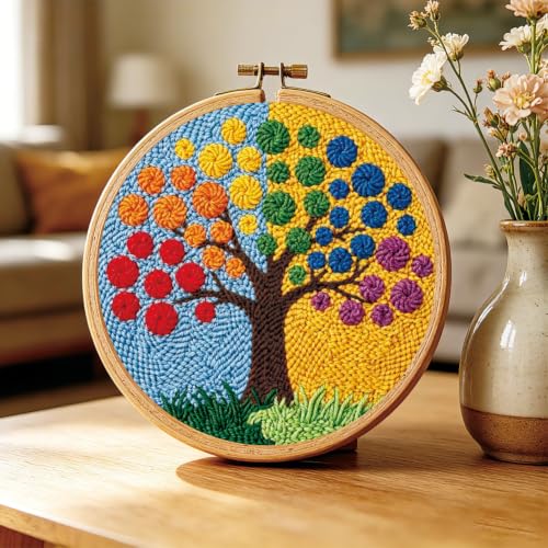 BEUNITONE 2PCS Punch Needle Kit for Adults Beginners, Rainbow Tree of Life Needlepoint Crafts Kit for Adults, Complete Embroidery Starter Kit with Pre-Print Pattern and Hoop for Home Decor 7.9"x7.9" - color: 11-Colorful Tree