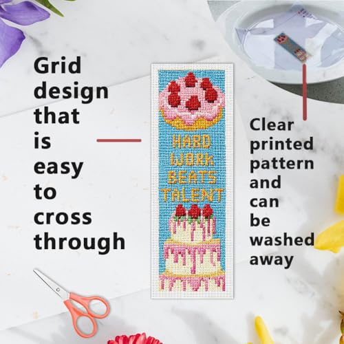 INFUNLY 6PCS Fruit Cake Cross Stitch Bookmark Kit for Adult 3×8.5inch DIY Inspirational Word Embroidery Bookmark Set with Instruction Birthday Cake Counted Cross Stitch Kit for Student Book Lover - style: Fruit Cake