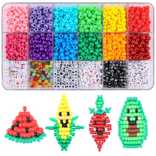 1720+pcs Pony Beads Kit 1830pcs 6 Style Letter Alphabet Beads Rainbow Plastic Pony Bead Bulk Multicolor Kandi Bead Elastic String DIY Crafts Jewelry Making Kit for Bracelets Necklaces - color: Solid Pony Beads with Letter