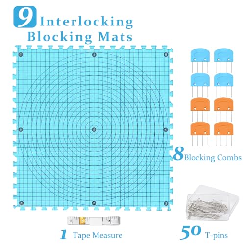 Yarniss 9PCS Blocking Mats for Knitting with 50 T-Pins & 8 Combs 12" x 12" - color: Light blue