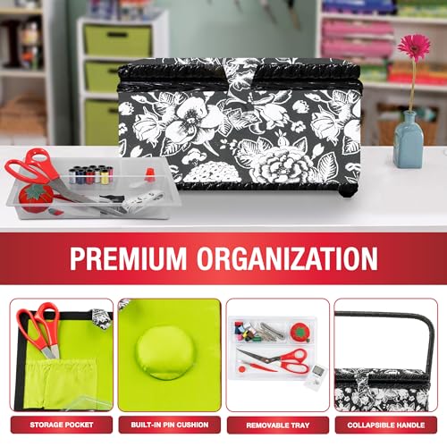 SINGER Sewing Basket, Sewing Kit with Notions, Black & White Floral Print - color: Black & White