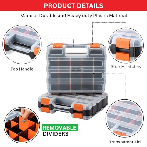 Andalus Tools Organizer Box, Small Parts Storage 34-Compartment Double-Sided Portable Hardware Organizer Removable Plastic Dividers for Screws, Nuts, Bolts, Nails – Orange (2 Pack, 12.5" x 10.5" x 3") - color: Orange, size: 2 Pack