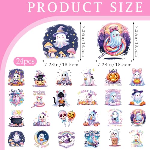 Dazoratix Halloween Iron on Transfers - 24 Sheets Cute Ghost DTF Ready to Press Boo Skull Pumpkin Heat Patches Candy Cat Stickers Vinyl Decals for T Shirts Clothing Pillow Bags DIY Crafts Decorations - style: Cute Halloween