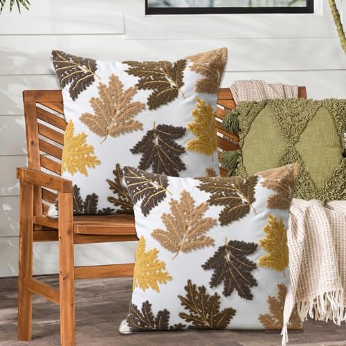 Set of 2 Embroidered Decorative Throw Pillow Covers Couch Square Pillowcases Cushion for Bedroom Sofa Farmhouse Decor 18x18 Inch (Yellow Maple Leaf) - color: Yellow Maple Leaf