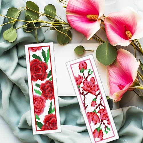 INFUNLY 6pcs Red Rose Cross Stitch Bookmark Kits DIY Sunflower Peach Blossom Embroidery Bookmark Kits for Beginners with Instruction Blue Flower Bookmark Making Kit for Book Lovers Readers Women Gifts - style: Flower
