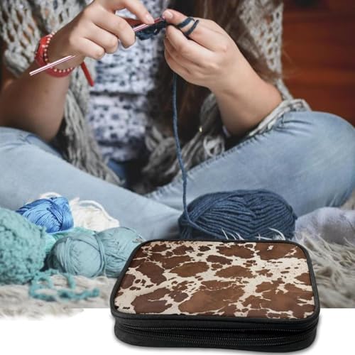 Kathyboom Brown Cowhide Empty Crochet Hook Case Crochet Hook Organizer with Slots Crochet Needles Bag for Crochet Lovers, Crochet Kit for Beginners - color: Brown Cowhide