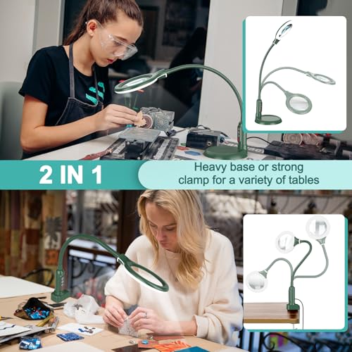 10X Magnifying Glass with Light and Clamp, 5 Color Modes Stepless Dimmable Lighted Magnifier with Stand, Flexible Gooseneck LED Desk Lamp Hands Free for Craft Painting Hobby Close Work - Green - color: Green, size: 10X