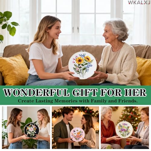 WKALXJ 4 Sets Embroidery Kits for Beginners Cross Stitch Kits Needlepoint Kits Crafts for Adults with Tools, Threads, Instructions, Needle Point Kits with Flower Stamped Patterns (Flowers B)
