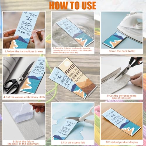 FREEBLOSS 11CT 6 Set Cross Stitch Bookmark Kit Landscape Stamped Embroidery Bookmark Kit with Instructions 6 Back Felt Bookmarks Making Set for Adults Book Lovers, 8"x2.4" - style: Minimalist Landscape