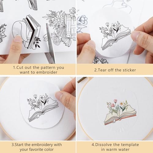Water Soluble Embroidery Patterns Stabilizers, 3 Sheets Book Lover Stick and Stitch Papers Wash Away, Cat Flower Transfers Papers DIY Crafts Gifts for Hand Sewing Lover Beginners - size: Book Flower