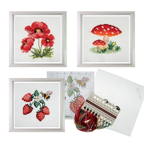 Trimits 3PK Cross Stitch Bundle – Counted Embroidery Kit, Beginner & All Level Starter Set, Complete with Instructions & Thread Children Wall Home DIY Décor – 13x13cm – Toadstool,Strawberries,Poppies - style: Toadstool,Strawberries,Poppies