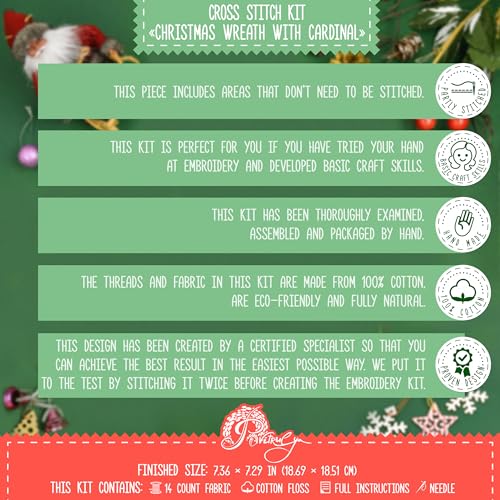 Christmas Wreath with Cardinal Bird - DIY Counted Cross Stitch Kit