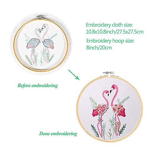 Konrisa Flamingo Embroidery Kit for Beginners with Pattern Floral Stamped Full Range of Embroidery Starter Kit for Adults Cross Stitch Kit with Embroidery Cloth, Hoops, Color Thread and Tools,Set of 2 - color: Type-2