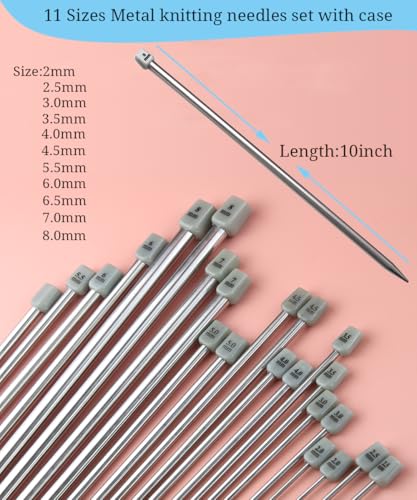 Weabetfu 55pcs Metal Knitting Needle Set,Aluminum Straight Single Pointed Stainless Steel Knitting Needles,11 Size 2mm-8mm,10inch Length for Handmade DIY Knitting with Accessories - size: 25cm
