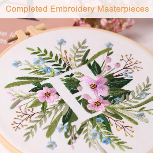 Harimau Letter F Pattern Embroidery Kit for Adult Beginners, Complete Starter Pack with 1 Hoop, Needles, Instruction Guide & Embroidery Stitch Video Tutorials - color: F