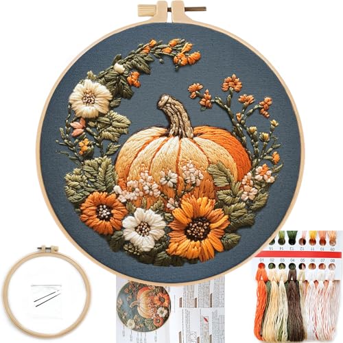 FONNUY Pumpkin Embroidery Kit for Beginners, Pre-Stamped Pattern Kits for Adults with Hoop, Easy to Follow Color Thread Needlework, 8'' Hoop (Yellow) - color: Yellow