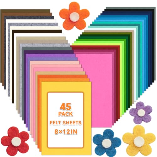 45 PCS Felt Fabric Sheets 8 x 12 Inch 2mm Craft Felt Sheets - size: 8x12in