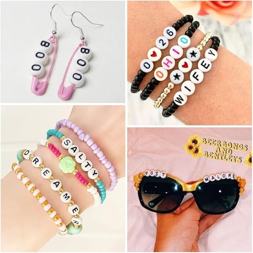 Amaney 1500 Pieces 4x7mm White Round Acrylic Alphabet Letter Beads A-Z Number Beads Star Beads Heart Beads and Crystal Line for Jewelry Making - color: White&Number, size: 7x4mm