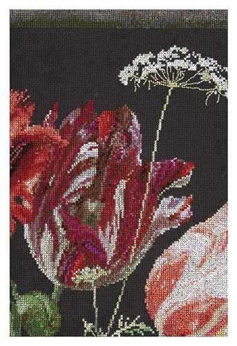 Thea Gouverneur - Counted Cross Stitch Kit - Still Life with Flowers in a Glass Vase - Aida Black - 18 Count - for Adults - DMC Embroidery Threads and Other Cross Stitch Supplies Included - 785.05 - color: 785.05 Aida Black