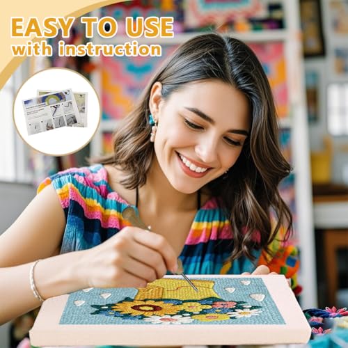 Doodlream Flower Rain Boots Needle Kit for Beginner, 9.4"x 9.4" Sunflower Daisy Punch Stitching Craft Set, Color DIY Embroidery Starter with Printed Frame, Instruction, Threader, Yarn, Pinch Needle - color: Rain Boots