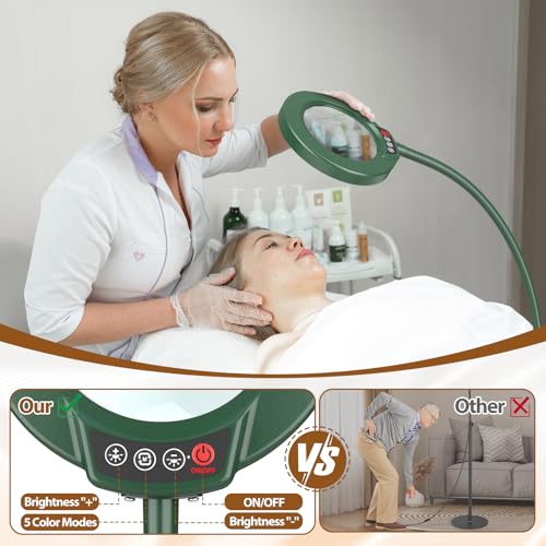 10X Magnifying Glass with Light and Stand, 24" Flexible Gooseneck Magnifying Floor Lamp, 3-in-1 LED 5 Color Modes Stepless Dimmable Lighted Magnifier Hands Free for Close Work, Reading - Green - color: Green