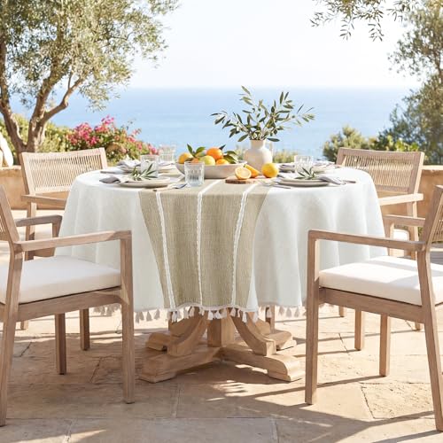Softalker Fall Linen Round Tablecloth with Tassel, 55 x 55 Inch - color: Coffee Lines, size: 55" (Round)