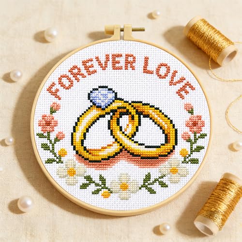 Zhenqing Forever Love Cross Stitch Kit with Wedding Rings, 11CT Printed 20x20cm for Beginners, Romantic Embroidery Set with 16cm Hoop(70837) - color: Forever Love
