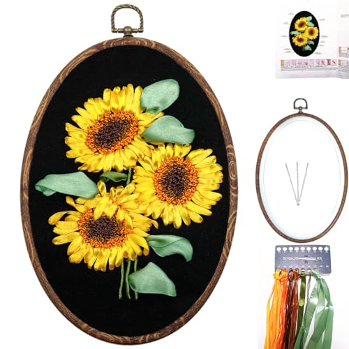 FONNUY Ribbon Embroidery 3D Flowers Pattern Design Kit Embroidery DIY Handwork Set Oval Home Decoration (Sunflower) - style: Sunflower