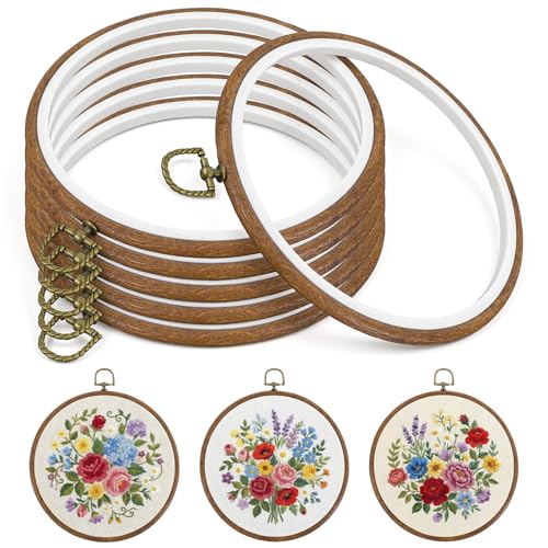 6 Pcs 7inch Embroidery Hoop, Cross Stitch Hoop Rubber Imitated Wood Circle Frame Ring for Art Craft Sewing and Christmas Ornaments
