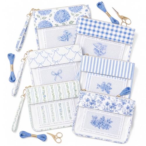 Sabary 6 Pack Blue Floral Needlepoint Project Bag Bow Sew Pouch 7.9" x 13" - color: Blue, size: 7.9" X 13", style: Floral