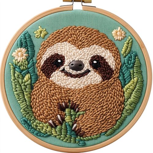 DIY Punch Needle Kits Cute Cartoon Sloth with Hoop 20x20cm-6 - color: 04-Sloth