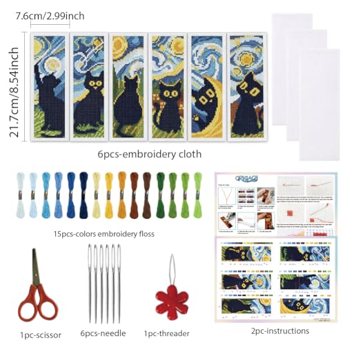 ORIGACH 6 Set Black Cat & Starry Night Cross Stitch Bookmark Kit - style: Black Cat & Starry Night