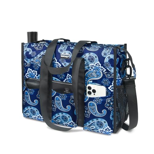 TOPDesign Utility Water Resistant Tote Bag with 22 Pockets, Zipper Closure - color: Blue Bandanna, size: Large