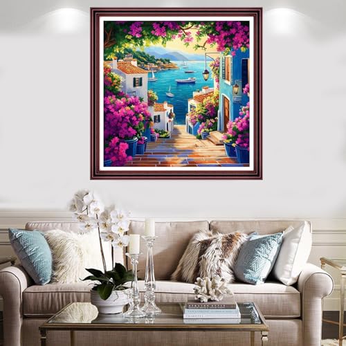 Redxing Stamped Cross Stitch Kits Full Range of Embroidery Starter Kits- Needlepoint Counted Cross Stitch Kits for Beginner Adults 11CT Printed Embroidery Kit-Seaside Floral Scenery 18x18 inch - color: Artskits32