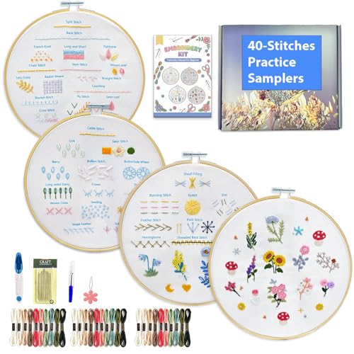 Sutesloly Hand Embroidery Kit for Beginners Adults, 4 Sets Learn to Floral Patterns Simple Starter kit for Beginners, Easy Practice Kit, 7.8inch Hoop, DIY Craft Gift for Women, Pink and Blue - color: pink and blue